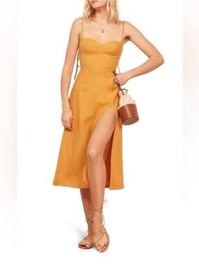 Reformation Nebraska Linen Midi Dress in Ochre Orange Size 6